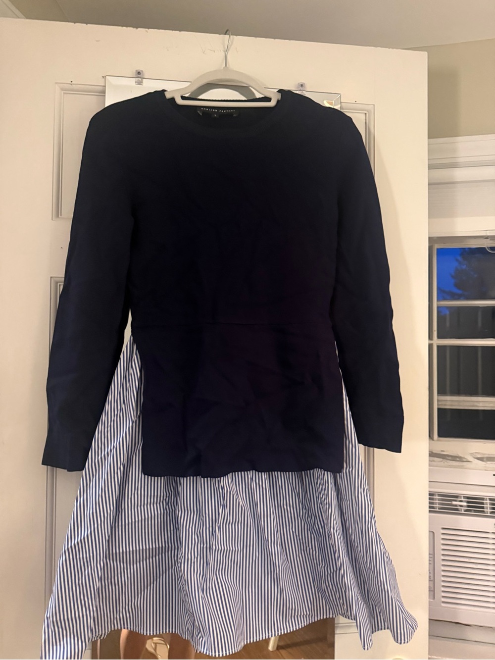 English Factory Navy Sweater with Blue-White Striped Hem Dress